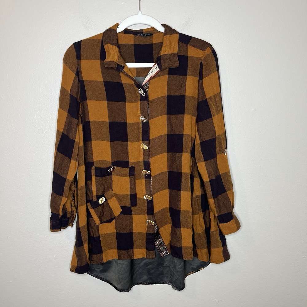 John Mark Small Plaid Button Up Orange Art Wear Buffalo Floral‎ Lagenlook Orange